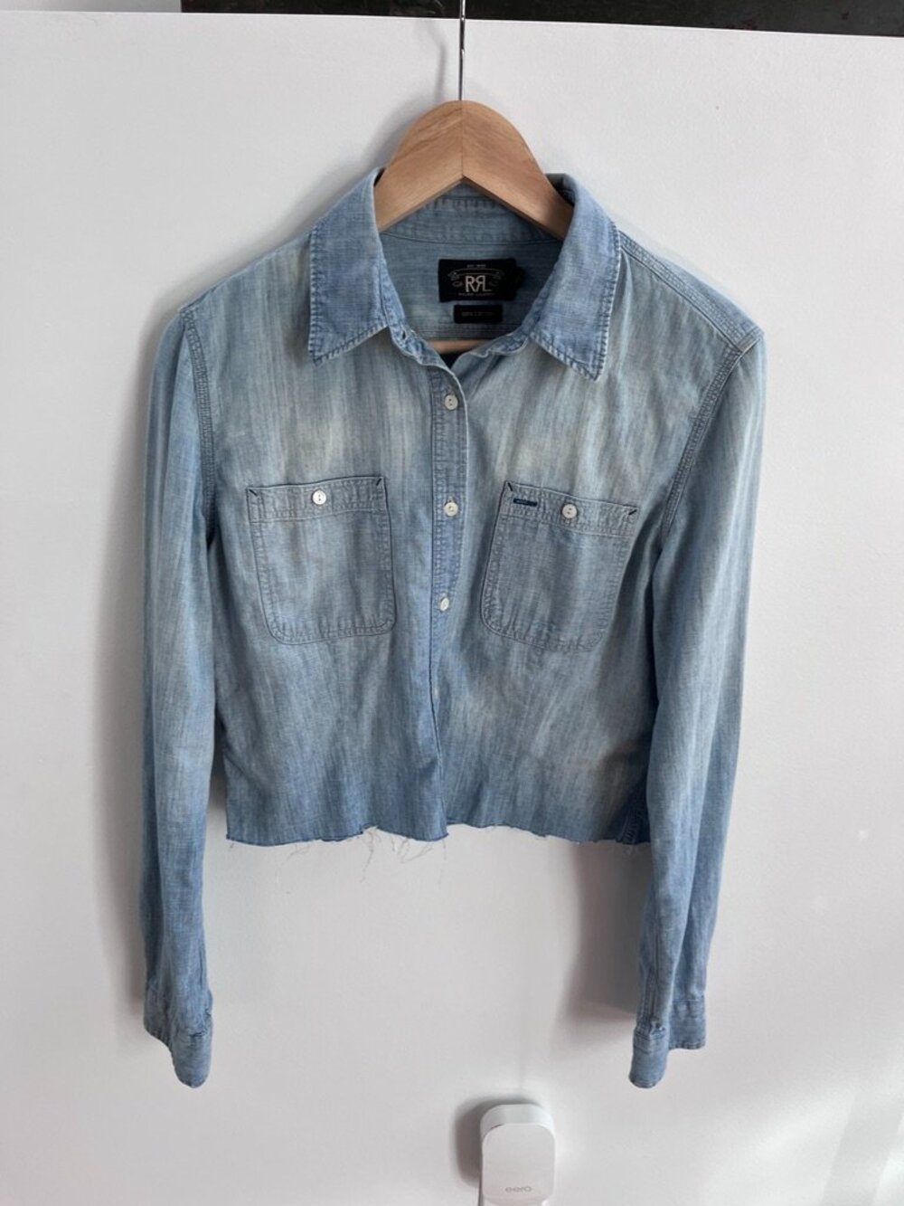 RRL Ralph Lauren Cropped Chambray Denim Workshirt Womens Large Light Wash